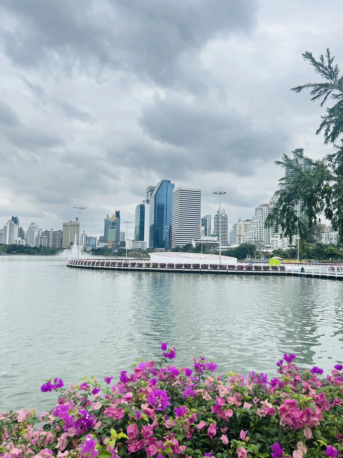 Benjakitti Park lake and Bangkok skyline framed by pink bougainvillea