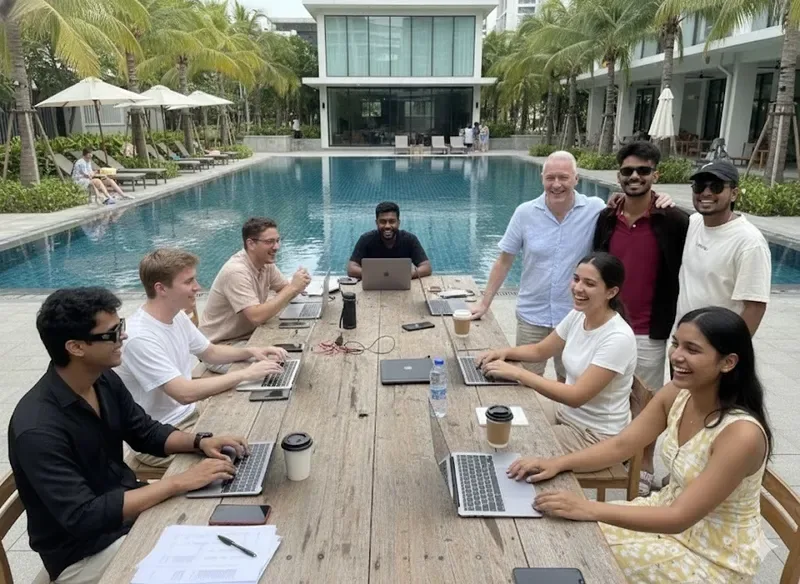 The COR team working on laptops at a poolside table in Bangkok